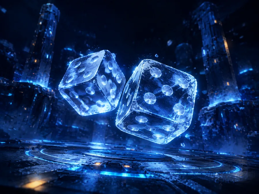 Two translucent ice dice tumbling
