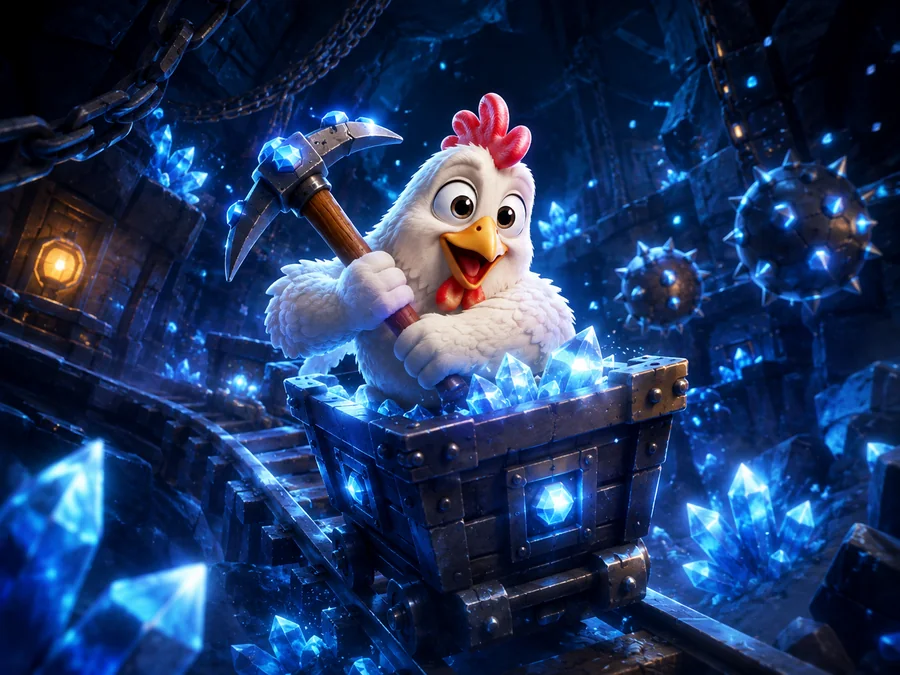 Chicken miner collecting glowing crystals